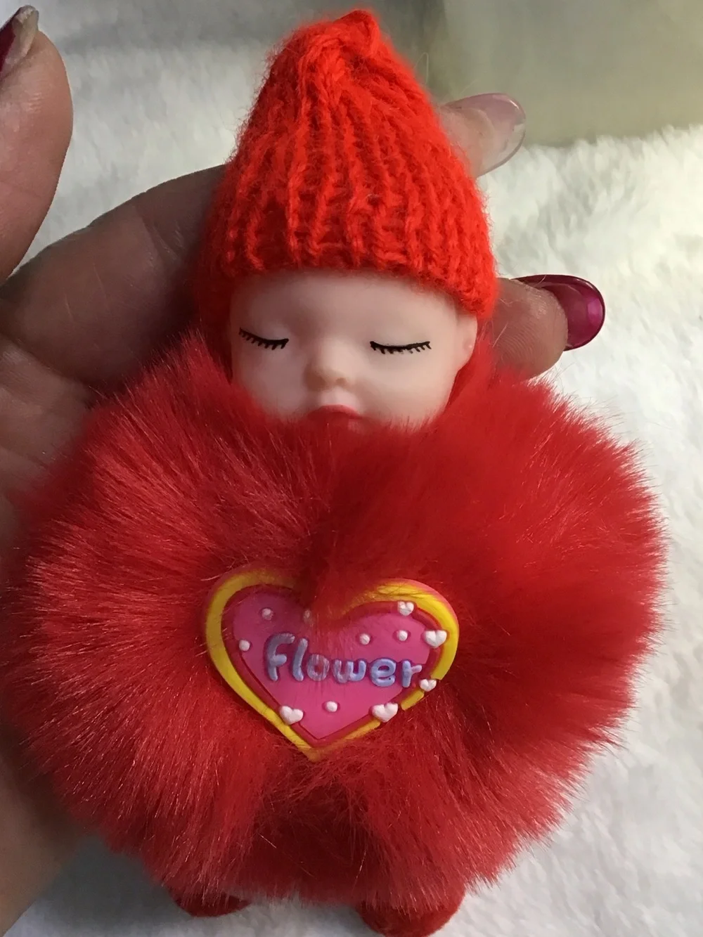 Red Pom-Pom Doll Key & Card Holder with Heart 'Flower' Detail